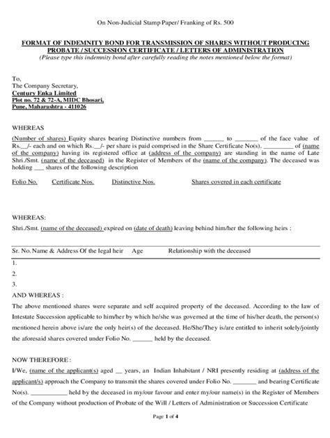 Fillable Online Format Of Affidavit For Transmission Of Shares Without