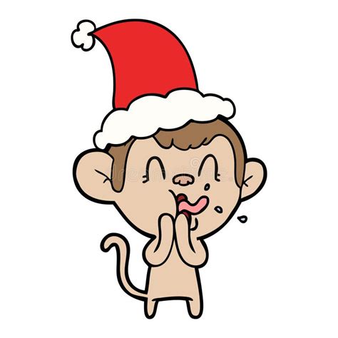 Crazy Hand Drawn Line Drawing Of A Monkey Wearing Santa Hat Stock