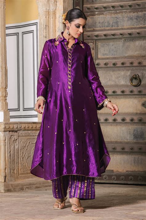 Buy Purple Pure Banarasi Spun Silk Woven And Sequin Kurta Palazzo Set