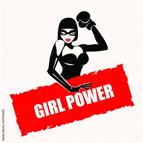 Feminist illustration.Girl power logo.Beautiful, sexy woman in a black latex suit, wearing a ...