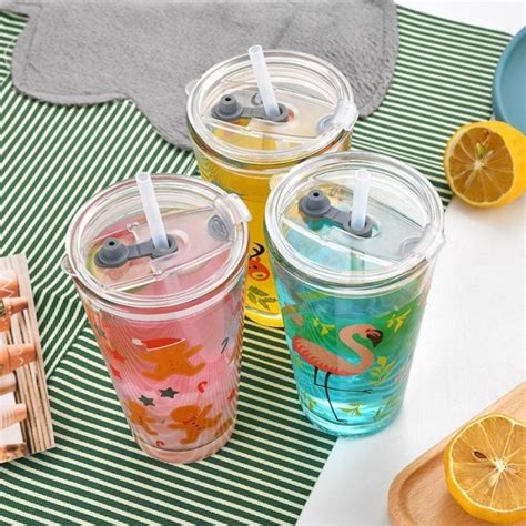 Jual Gelas Cup Kaca Aesthetic Plus Sedotan Gelas Mug Tumbler Gelas