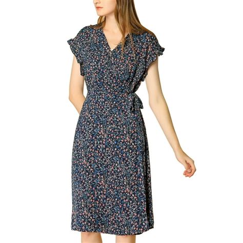 Allegra K Allegra K Womens Floral Ruffle Trim Cuff V Neck Self Belt Midi Wrap Dress Walmart