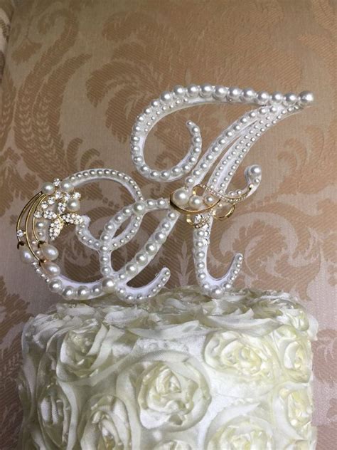 Custom A Monogram Pearl Wedding Cake Toppers Lace And Brooch Wedding