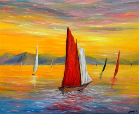 Coucher De Soleil Sur Les Voiles De Saint Tropez Peinture Paysage