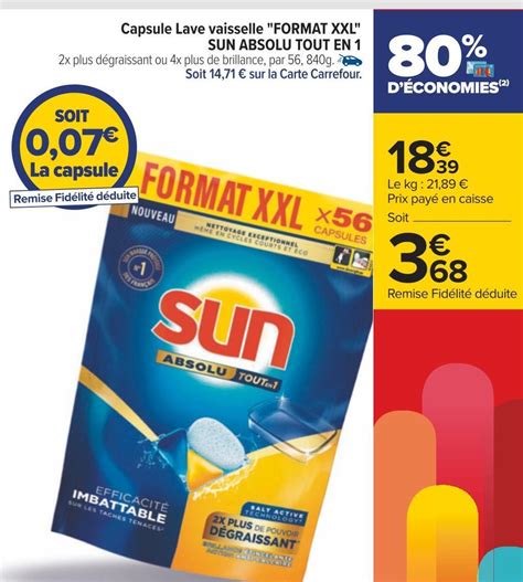 Promo Sun Absolu Tout En Capsule Lave Vaisselle Format Xxl Chez Carrefour