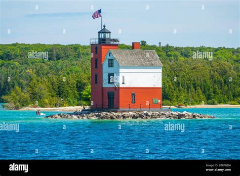 Round Island Lighthouse in Straits of Mackinac near Mackinac Island, Michigan, USA Stock Photo ...