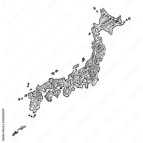 Hand Drawn Map Of Japan Painted With Charcoal Black And White Sketched