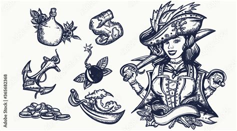 Pirate. Old school tattoo vector collection. Captain, sea wolf girl ...