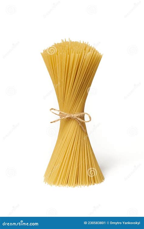 Bunch Of Raw Spaghetti Pasta Tied With Rope Isolated On White