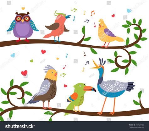 Variety Of Colorful Birds Sitting On A Tree Branch With Leaves And