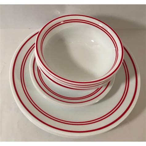 Vintage Red Stripe & White Corelle Dinnerware -Set of 14 | Chairish