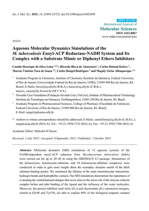 Pdf Aqueous Molecular Dynamics Simulations Of The M Tuberculosis