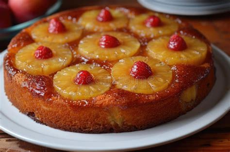 Classic Homemade Pineapple Upside Down Cake With Cherries And Raspberries Stock Image Image Of