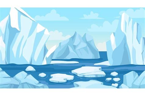 Cartoon Arctic Landscape Icebergs Blue Pure Water Glacier