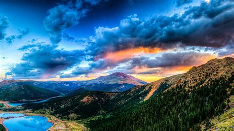 Beautiful nature landscape, mountains, forest, lake, clouds, sunset ...