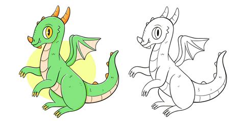 Dragon coloring book with coloring example for kids. Coloring page with ...