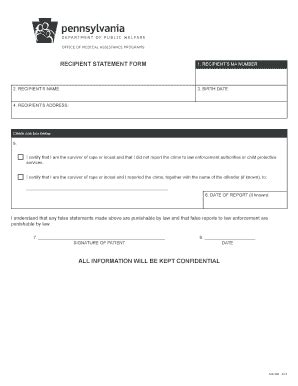 Fillable Online Dpw State Pa Recipient Statement Form Dpw State Pa