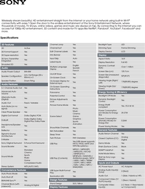 Sony KDL 50W800B User Manual Marketing Specifications KDL50W800B Mksp