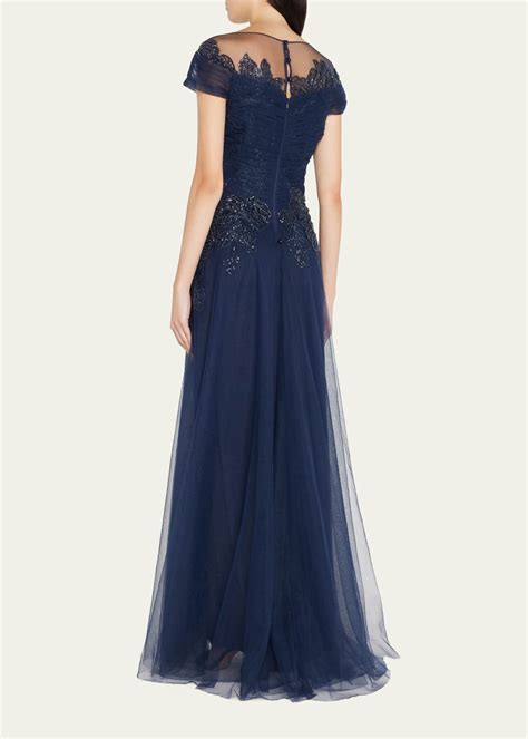 Rickie Freeman For Teri Jon Beaded Applique Ruched Tulle Gown