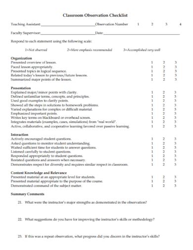 Free 10 Classroom Observation Checklist Samples Behavior Management Environment