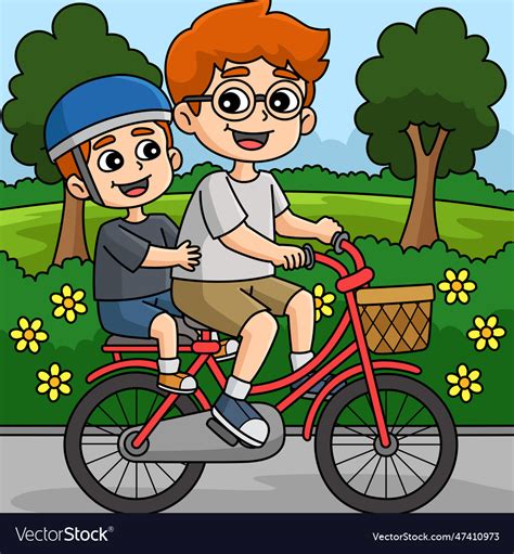 Father And Son Riding A Bike Colored Cartoon Vector Image