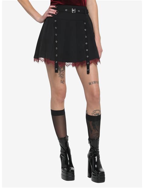 Black Lace Trim And Grommets Pleated Skirt Hot Topic