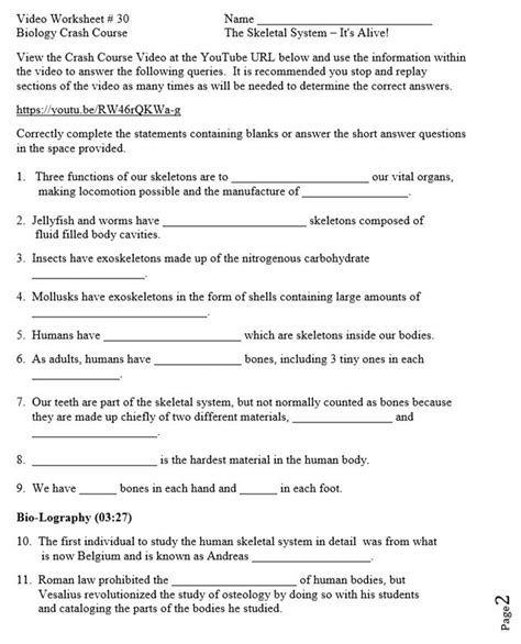 Crash Course Biology Video Worksheet The Skeletal System Its