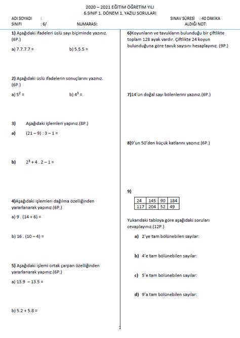 6 Sınıf Matematik 1 Dönem 1 Yazılı Indir Matematikci Web Tr