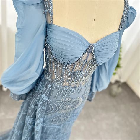 Elegant Blue Mermaid Arabic Evening Dresses With Overskirt Long Sleeves