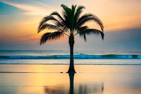 Premium Photo | A palm tree on the beach at sunset