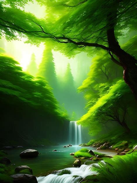 Un Bosque Verde Con Una Cascada Al Fondo Foto Premium