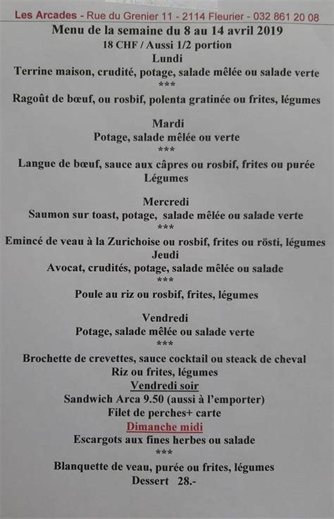 Menu At Caf Restaurant Les Arcades Val De Travers