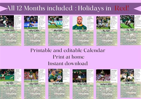 2024 South African Springboks Monthly Calendar Etsy