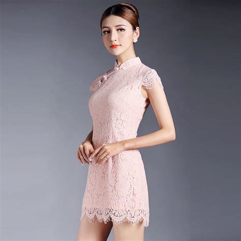 Fabulous Lace Short Qipao Cheongsam Dress Pink Qipao Cheongsam