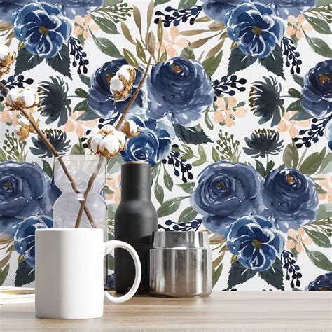 Watercolor Floral Navy Blue Peel And Stick Wallpaper Temporary Etsy In 2022 Paper Wall Decor