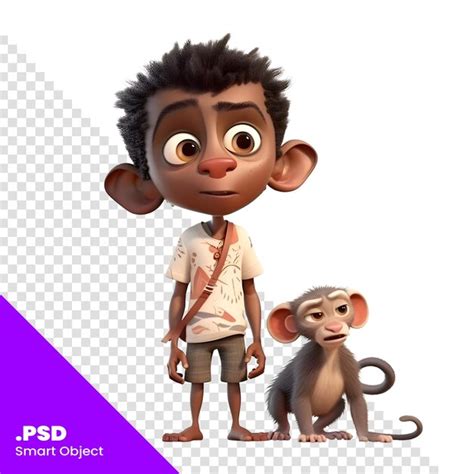 Renderiza O D De Um Menino Africano Um Macaco Em Um Modelo Psd De