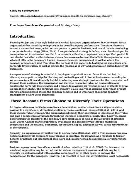 Free Paper Sample On Corporate Level Strategy SpeedyPaper