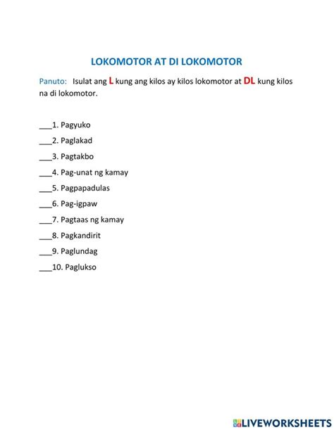 Lokomotor at di lokomotor worksheet