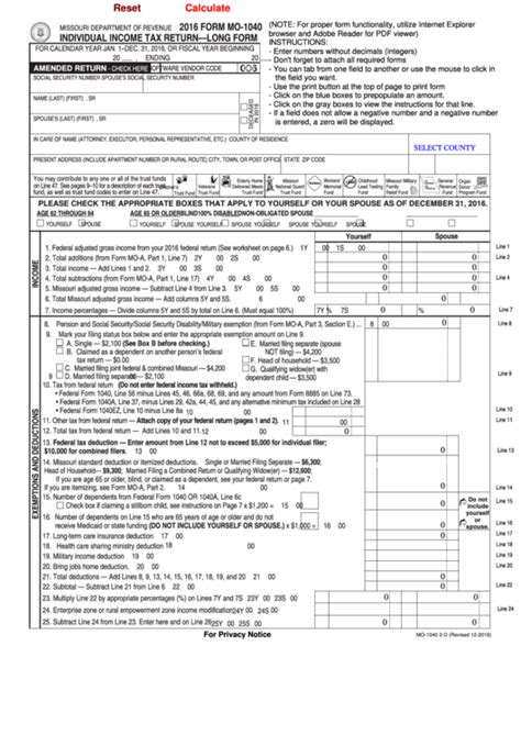 Fillable Form Mo Individual Income Tax Return Long Form