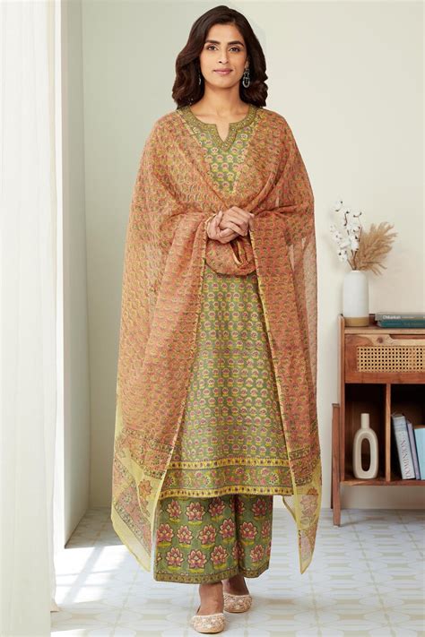 Buy Olive Green Hand Block Printed A Line Cotton Kurta For Women