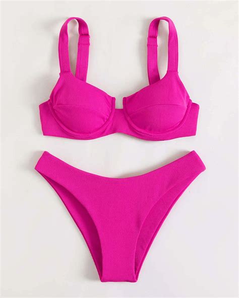 Custom Fashion Shiny Rose Color Rib Underwire High Cut Bikini Swimsuit