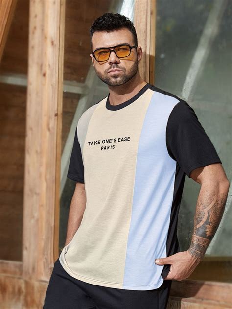 Extended Sizes Men Slogan Graphic Colorblock Tee Em 2024 Camiseta