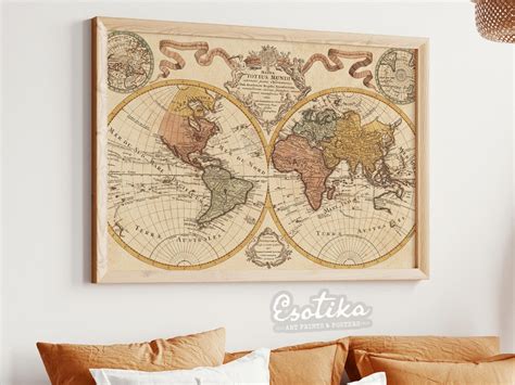 Large World Map / Nautical Map Antique Drawing / Rustic Lodge Decor / Vintage Printable Art ...