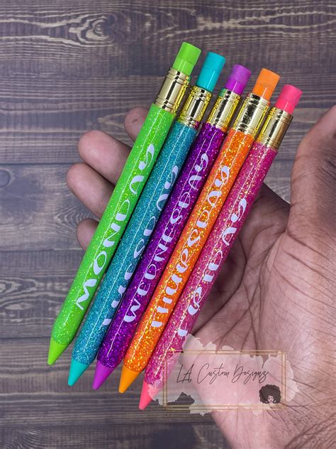 Days Of The Week Glitter Mechanical Pencil Set Personalized Glitter