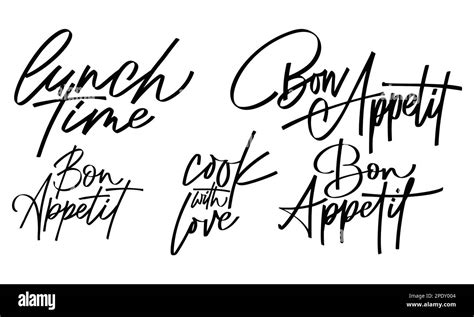 Set Of Script Food Text Quote Bon Appetit Lettering In Hand Drawn