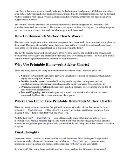 Free Printable Homework Sticker Charts | PDF | Homework | Motivation