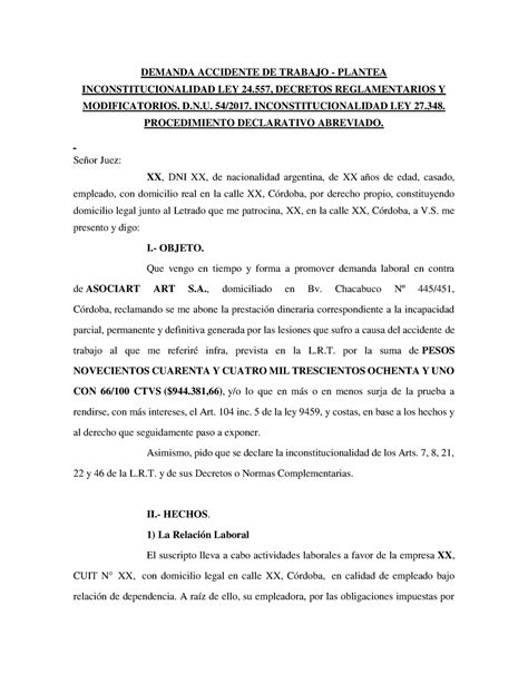 Demanda Accidente DE Trabajo Abreviado DEMANDA ACCIDENTE DE TRABAJO