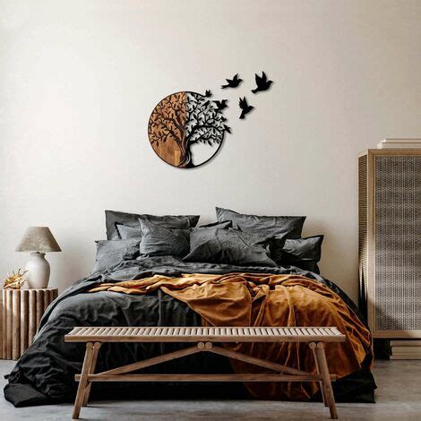 Décoration murale en bois et métal Walnut Arbre et oiseaux en vol