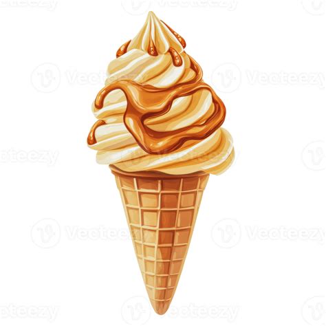 Soft Serve Ice Cream Cone Topped With Caramel Swirl Ideal For A Summer