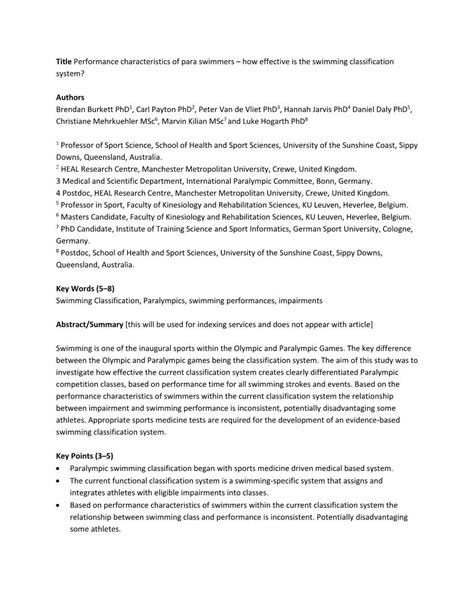 Title Performance Characteristics Of Para Swimmers How Effective Is